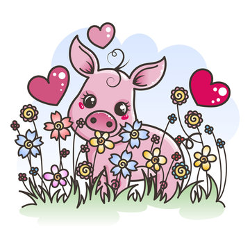 Cute cartoon baby pig in love