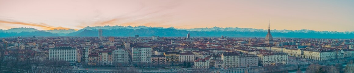 Fototapeta na wymiar View of Turin city center with landmark of Mole Antonelliana-Turin,Italy,Europe. Panoramic wide view