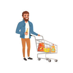 Bearded man pushing shopping cart with groceries. Cartoon character of young guy at supermarket. Flat vector design