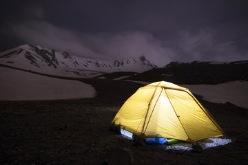 Tents of tourists are located at the foot of Mount Erciyes in central Turkey