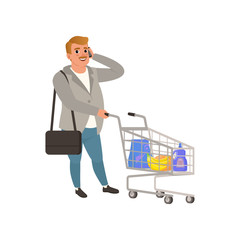 Adult man standing with shopping cart and talking on phone. Cartoon character with mustache in cardigan and jeans. Flat vector design