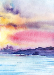 Far violet mountains on the opposite sea shore. Pink yellow golden blue sunset. Seascape. The sky is the sea of the mountain. Hand drawn watercolor on wet paper illustration.