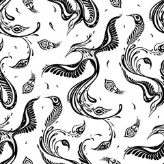 Beautiful peacock. Exotic bird. Seamless pattern. Vector hand drawn detailed illustration