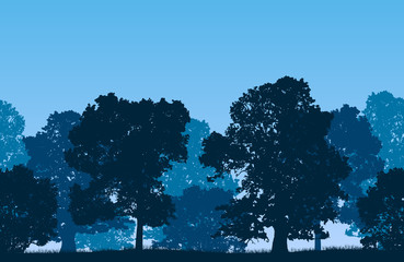 Seamless blue vector forest landscape with deciduous trees and grassy land.