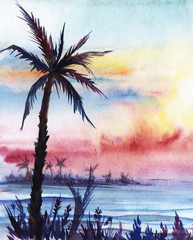 Sunset on the tropical coast. Silhouettes of palms and grass against a background of purple lilac yellow blue pink sunset. Sea mountains sky. Hand-painted watercolor on wet paper illustration.