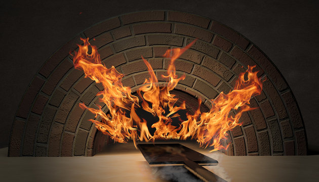 flames in the brick oven