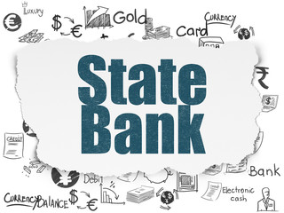 Obraz premium Money concept: Painted blue text State Bank on Torn Paper background with Hand Drawn Finance Icons