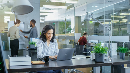 Busy International Office, Beautiful Hispanic Woman Working at Her Desk on a Laptop, in the Background Her Coworkers Have Work Related Conversations. Stylish Office with Bright Young People.