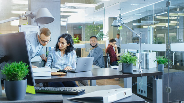 Busy International Office where Diverse Team of Young Businesswomen and Businessmen Work on Laptops, Have Meetings, Discussions and Draw Plans on a Whiteboard.