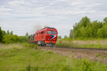locomotive of the train moves along the railway through the wooded terrain