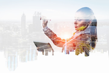 Business lady with tablet draw graphs