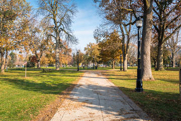 Deserted Path in a Downtown Park on a Sunny Autumn Morning.
