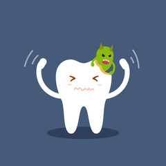 Tooth attacked by germs of caries. Cartoon flat vector illustration isolated on blue background. Dental kids care. Illustration on the theme of dentistry.