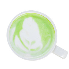 Top viwe. Milk green tea latte in cup  isolated white background