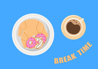 Vector illustration. Break with coffee, croissants and donuts.