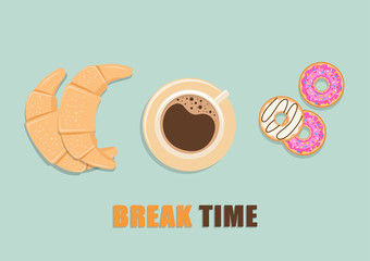 Vector concept break time in a flat style. Sweet dessert.