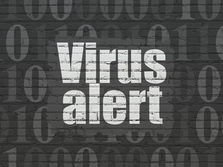 Privacy concept: Painted white text Virus Alert on Black Brick wall background with  Binary Code