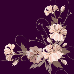 Vector abstract seamless floral pattern of light brown pastel flowers on a contrast dark violet background