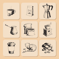 Coffee production hand drawn beans vintage drawing drink retro cafe collection sketch dessert vector illustration.