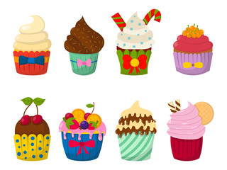 Set of cute vector cupcakes and muffins chocolate celebration birthday food sweet bakery party cute sprinkles decoration.
