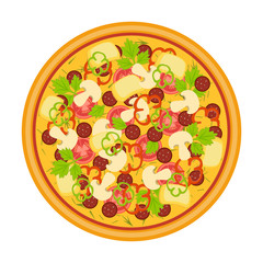 Vector illustration. Fresh delicious pizza with tomatoes, cheese, pepper and mushrooms.