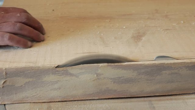 woodworker rip cut saws ash plank on a table saw. joiner. carpenter. 4k