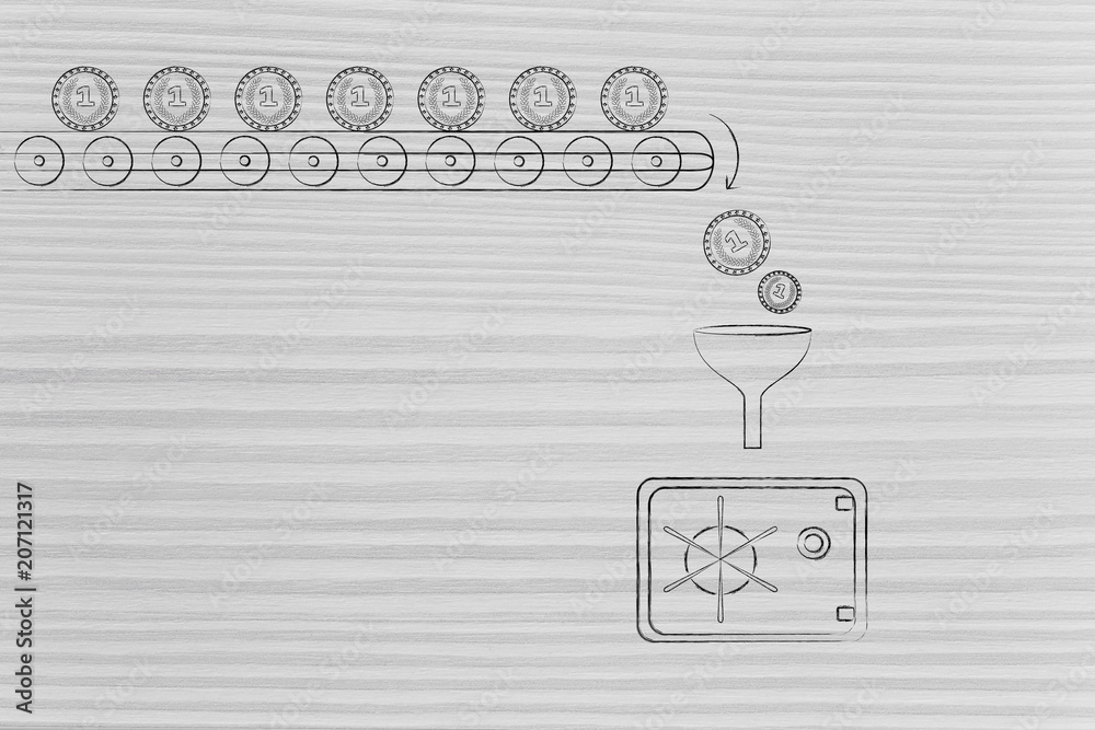 Wall mural production line with coins dropping into safebox