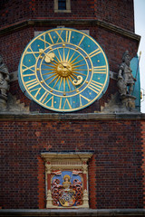 Astronomical clock on old city hall tower in Wroclaw, Poland