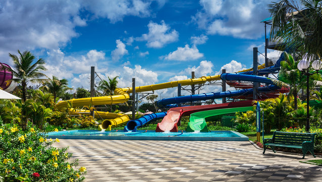 water slides in tropical aqua park
