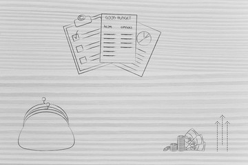coin purse next to stats documents with good budget and coins with arrows up