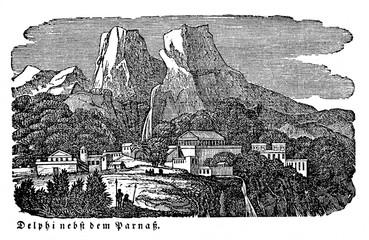 Delphi, ancient sanctuary at Greece (from Das Heller-Magazin, January 1, 1834)