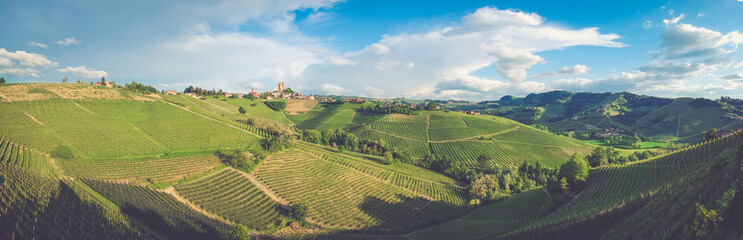 Fototapeta na wymiar Serralunga d'Alba town on the hill surrounded by vineyards and fields, Panoramic view with blue sky. Piedmont, Italy