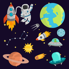 Astronaut space landing planets spaceship solar system future exploration space ship cosmonaut rocket shuttle vector illustration