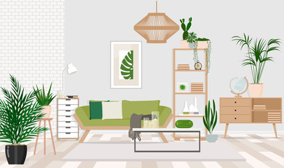 Interior design of a living room in a Scandinavian style with a green sofa, wooden furniture, room plants. Vector flat illustration. - obrazy, fototapety, plakaty