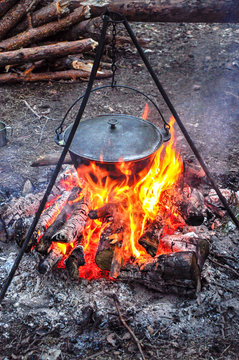 Cooking in cauldron on the open fire