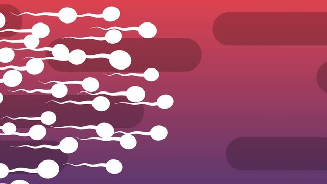 A funny 3d rendering of moving white spermatozoids with waving tails covering the light violet and purple background with oval black tubes. All of them look lively