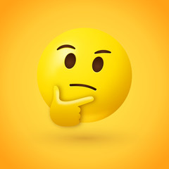Thinking face emoji - emoticon face shown with a single finger and thumb resting on the chin glancing upward on yellow background - 207124138