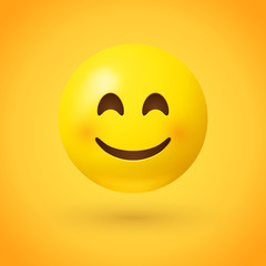 A smiling face emoji with smiling eyes and rosy cheeks on yellow background - emoticon showing a true sense of happiness - 207124139
