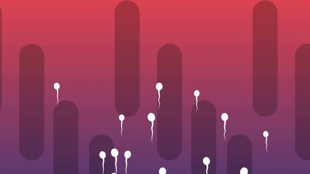 An impressive 3d rendering of competing white spermatozoids moving vertically in the violet and purple background with black tubes. The smartest breaks through to the egg cell.