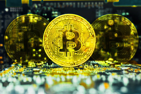 Golden bitcoin circuit board background