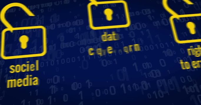 General Data Protection Regulation title, padlocks, paragraph symbol and cyber safety keywords on blue background. 3D rendering concept animation.