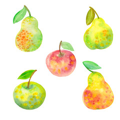 Watercolor set of fruits, apples and pears yellow, green on a white background