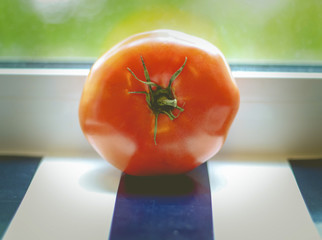 The tomato is red on the window. One tomato, Still life. The concept of a healthy diet