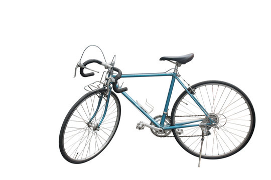 side view Di cut blue Old bicycle on white background,copy space