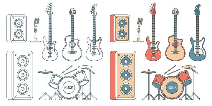 Musical instruments - electric and acoustic guitars, bass, drum set and speakers. Contour illustration color and monochrome.