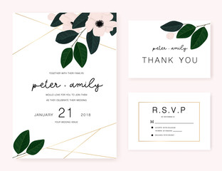 Wedding card invitation set with pink flower and leaf in dark green vector template.