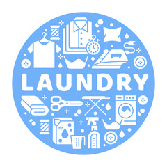 Laundry service banner illustration with flat glyph icons. Dry cleaning equipment, washing machine, clothing shoe leather repair, garment, shirts, iron board. Circle template signs launderette poster.