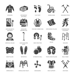 Orthopedics, trauma rehabilitation glyph icons. Crutches, mattress pillow, cervical collar, walkers, medical rehab goods. Health care signs for clinic, hospital. Solid silhouette pixel perfect 64x64.