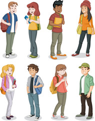 Obraz premium Cartoon teenager students with books and backpack. 