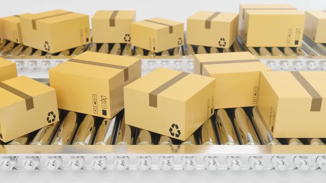 Cardboard boxes progresses along conveyor belt loopable animation. Cardboard boxes on conveyor belt
